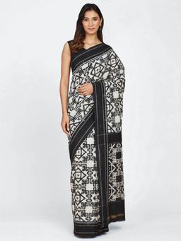 Fabindia - White Cotton Ikat Woven Sari with Unstitched Blouse