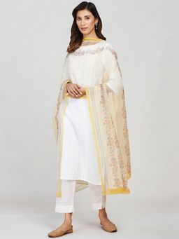 Fabindia - Yellow Cotton Silk Hand Block Printed Dupatta