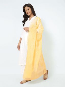 Fabindia - Yellow Cotton Silk Embroidered Dupatta