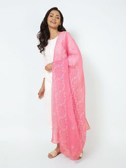 Fabindia - Pink Cotton Silk Embroidered Dupatta