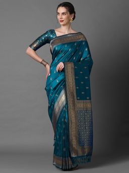 Akhilam - Women's Silk Blend Blue Woven Design Designer Saree with Unstitched Blouse