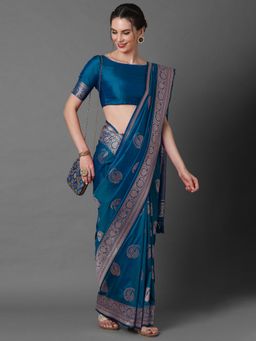 Akhilam - Women's Silk Blend Blue Woven Design Designer Saree with Unstitched Blouse