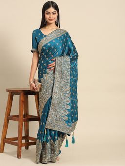 Akhilam - Women's Silk Blend Blue Embellished Designer Saree with Unstitched Blouse