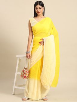 Akhilam - Women's Polycotton Yellow Solid Belted Sarees with Unstitched Blouse