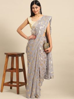 Akhilam - Women's Georgette Grey Printed Celebrity Saree with Unstitched Blouse