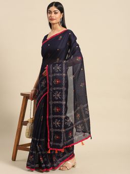 Akhilam - Women's Silk Blend Navy Digital Print Celebrity Saree with Unstitched Blouse