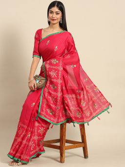 Akhilam - Women's Silk Blend Red Digital Print Celebrity Saree with Unstitched Blouse