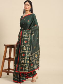 Akhilam - Women's Silk Blend Green Digital Print Celebrity Saree with Unstitched Blouse