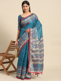 Akhilam - Women's Bhagalpuri Silk Blue Printed Celebrity Saree with Unstitched Blouse