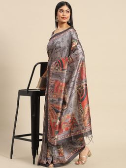 Akhilam - Women's Silk Grey Printed Designer Saree with Unstitched Blouse