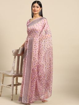 Akhilam - Women's Silk Pink Printed Designer Saree with Unstitched Blouse