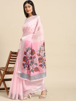 Akhilam - Women's Silk Pink Printed Designer Saree with Unstitched Blouse