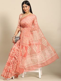 Akhilam - Women's Manipuri Silk Peach Printed Designer Saree with Unstitched Blouse
