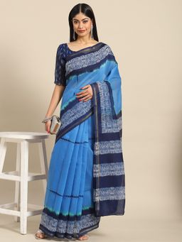 Akhilam - Women's Manipuri Silk Blue Printed Designer Saree with Unstitched Blouse