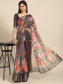 Akhilam - Women's Cotton Blend Brown Printed Celebrity Saree with Unstitched Blouse