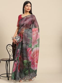 Akhilam - Women's Organza Grey Printed Celebrity Saree with Unstitched Blouse