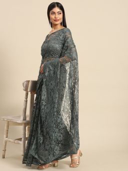 Akhilam - Women's Net Grey Woven Celebrity Saree with Unstitched Blouse