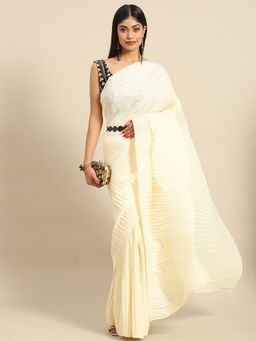 Akhilam - Women's Net Cream Embellished Celebrity Saree with Unstitched Blouse