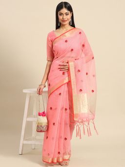 Akhilam - Women's Kota Pink Embroidered Belted Sarees with Unstitched Blouse