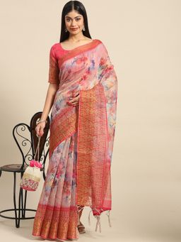 Akhilam - Women's Silk Blend Pink Printed Designer Saree with Unstitched Blouse