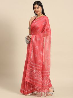 Akhilam - Women's Linen Pink Printed Designer Saree with Unstitched Blouse