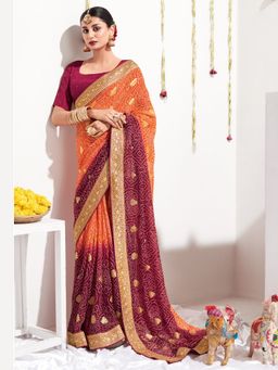 Sareemall - Women's Georgette Orange Printed Celebrity Saree with Unstitched Blouse