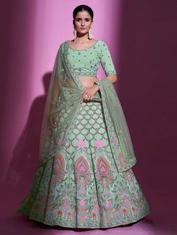 Odette - Sea Green Georgette Embroidered Semi Stitched Lehenga with Unstitched Blouse (Set of 3)