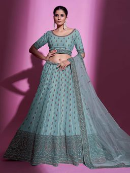 Odette - Blue Silk Blend Embroidered Semi Stitched Lehenga with Unstitched Blouse (Set of 3)
