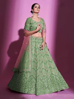 Odette - Green Silk Blend Embroidered Semi Stitched Lehenga with Unstitched Blouse (Set of 3)