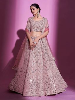 Odette - Peach Silk Blend Embroidered Semi Stitched Lehenga with Unstitched Blouse (Set of 3)