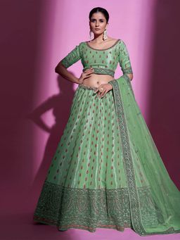 Odette - Green Silk Blend Embroidered Semi Stitched Lehenga with Unstitched Blouse (Set of 3)