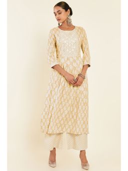Soch - Women Mustard Rayon Floral Kurta (Set of 2)