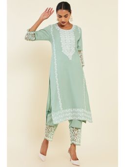 Soch - Women Green Rayon Floral Kurta (Set of 2)