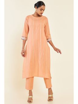 Soch - Women Peach Cotton Stripes Kurta (Set of 2)