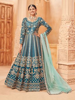 Odette - Teal Art Silk Embroidered Semi Stitched Anarkali (Set of 3)