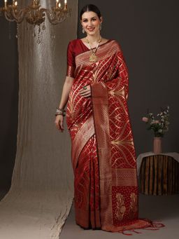 Akhilam - Women's Silk Red Woven Celebrity Saree with Unstitched Blouse