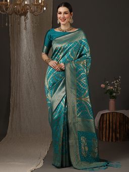 Akhilam - Women's Silk Teal Woven Celebrity Saree with Unstitched Blouse