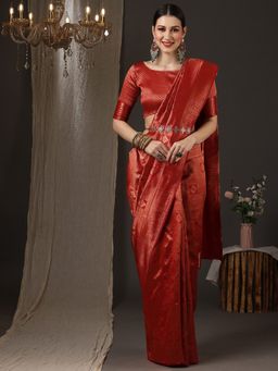 Akhilam - Women's Silk Red Woven Celebrity Saree with Unstitched Blouse