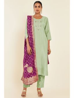 Soch - Women Green Blended Embroidered Suit (Set of 3)