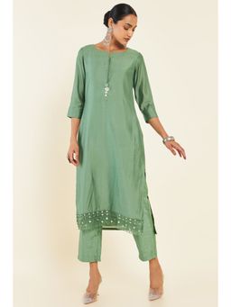 Soch - Women Green Chanderi Solid/plain Kurta (Set of 2)