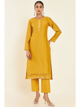 Soch - Women Mustard Chanderi Solid/plain Kurta (Set of 2)