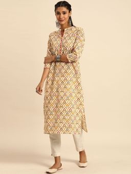 Rajnandini - Women's Beige Cotton Jaipuri Printed Kurti