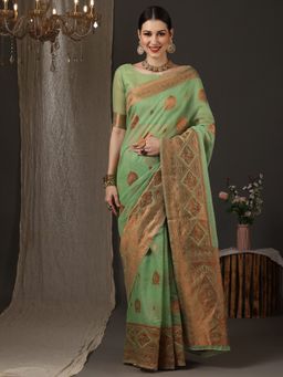 Akhilam - Women's Silk Blend Green Woven Design Designer Saree with Unstitched Blouse