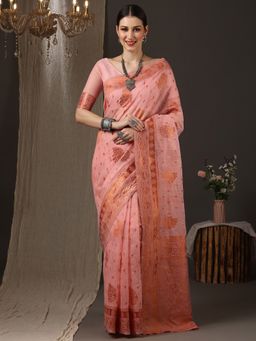 Akhilam - Women's Silk Blend Pink Woven Design Designer Saree with Unstitched Blouse