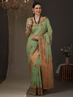 Akhilam - Women's Silk Blend Green Woven Design Designer Saree with Unstitched Blouse