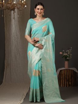 Akhilam - Women's Organza Blue Woven Design Designer Saree with Unstitched Blouse