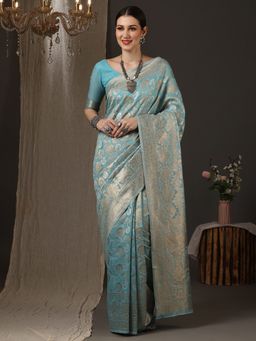 Akhilam - Women's Silk Blend Blue Woven Design Celebrity Saree with Unstitched Blouse