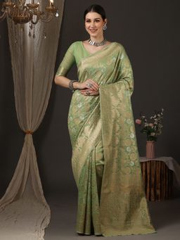Akhilam - Women's Silk Blend Green Woven Design Celebrity Saree with Unstitched Blouse
