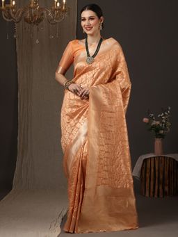 Akhilam - Women's Silk Blend Orange Woven Design Designer Saree with Unstitched Blouse