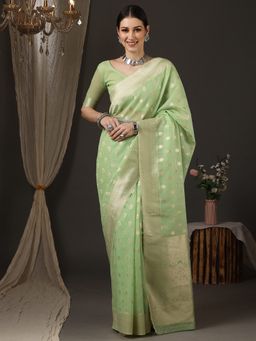 Akhilam - Women's Silk Blend Green Woven Design Designer Saree with Unstitched Blouse